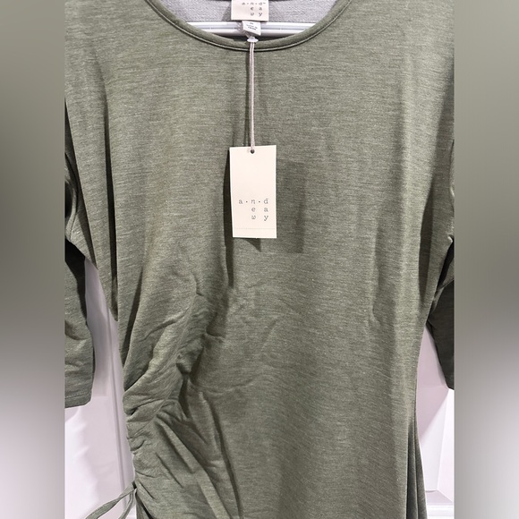 NWT A New Day Three Quarter Sleeve Olive Heather Ruched Tie Waist Dress - Picture 11 of 13